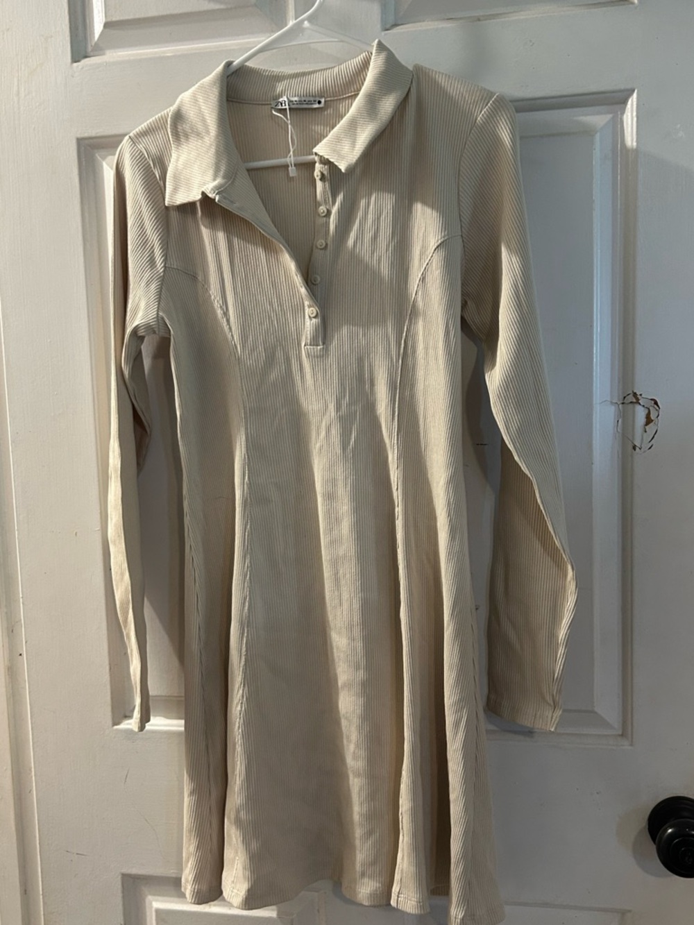 Zara Cream Ribbed Long-Sleeve Polo Dress